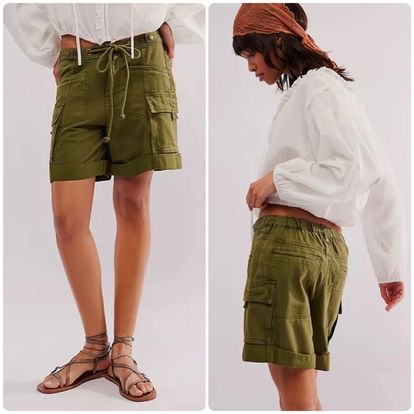 NEW Size Large Free People Frankie Washed Garden Snake Green Slouchy Tie Shorts - Picture 3 of 9